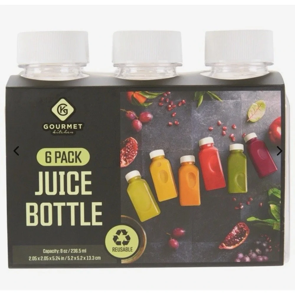 6 Pack - Clear Empty Reusable Plastic Juice Bottles with Tamper Caps 8 Oz.